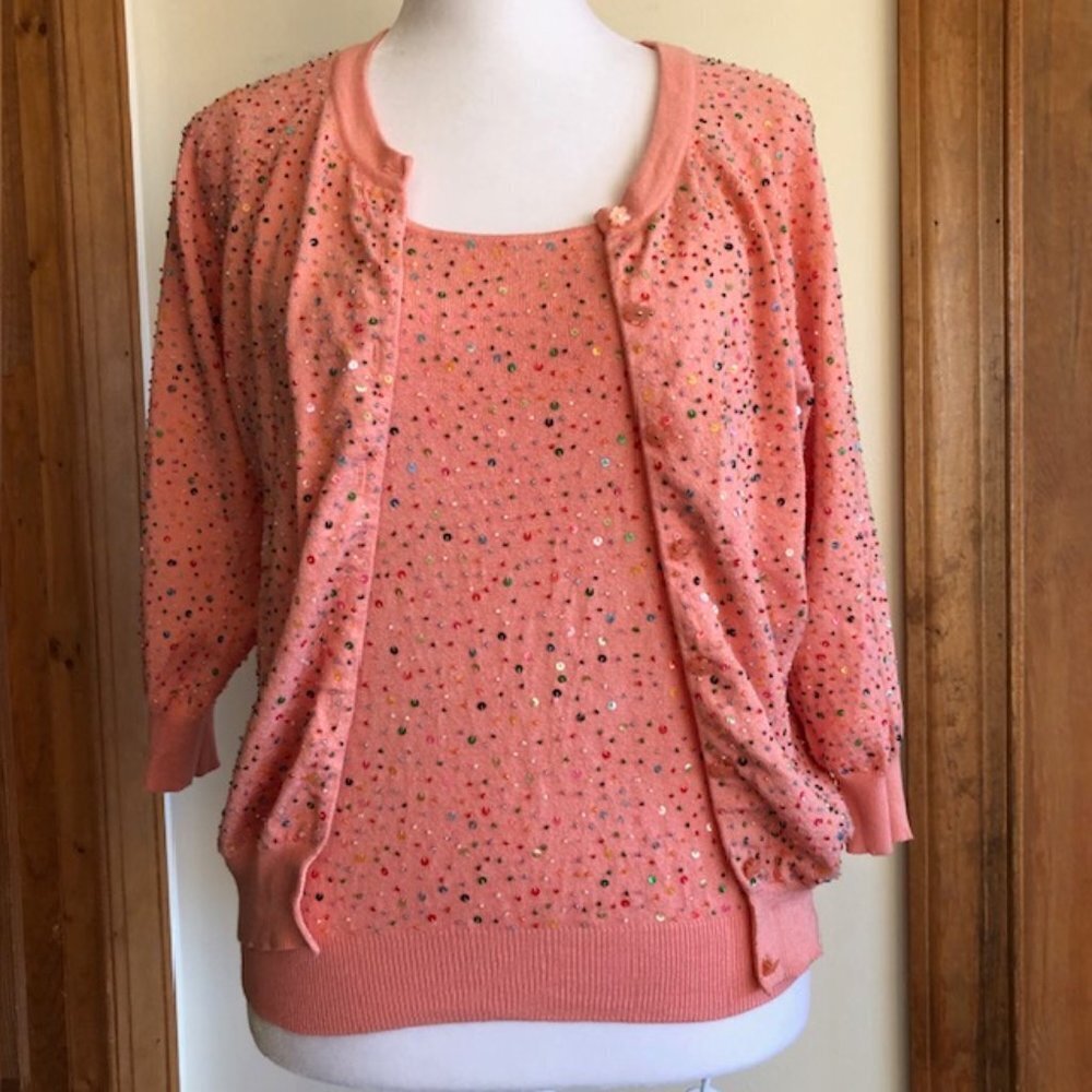 CYNTHIA STEFFE Bead Sequin Coral 3/4 Sleeve Twin Sweater Set Medium Vintage
